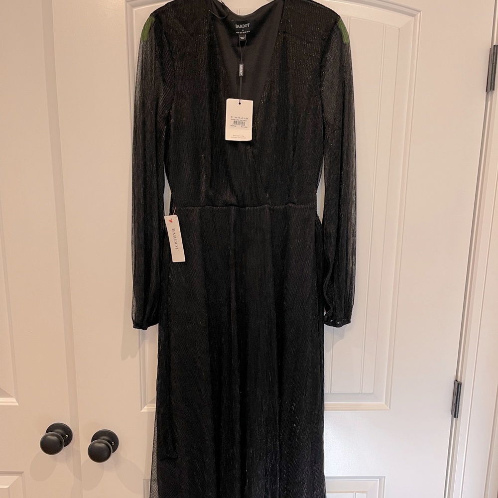 Bardot Melissa Lurex Pleat Dress Black Shimmer Dress Size M